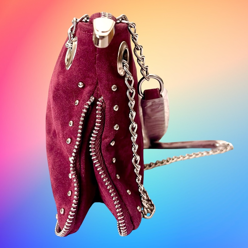 Burgundy Faux Suede Zip Close Crossbody Studded Detail NWOT - Picture 5 of 8
